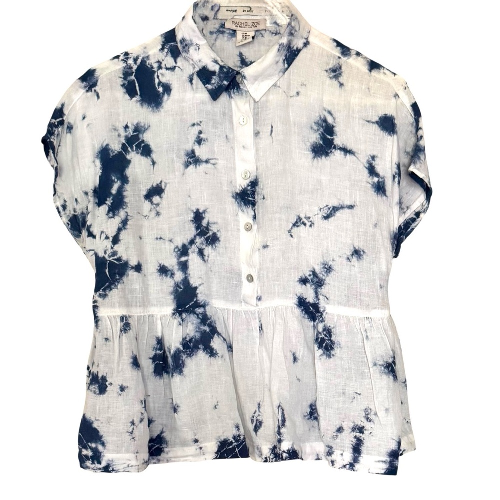 Rachel Zoe Blue White Tie-Dye Linen Button Front Collared Peplum Cropped Top - Picture 11 of 16